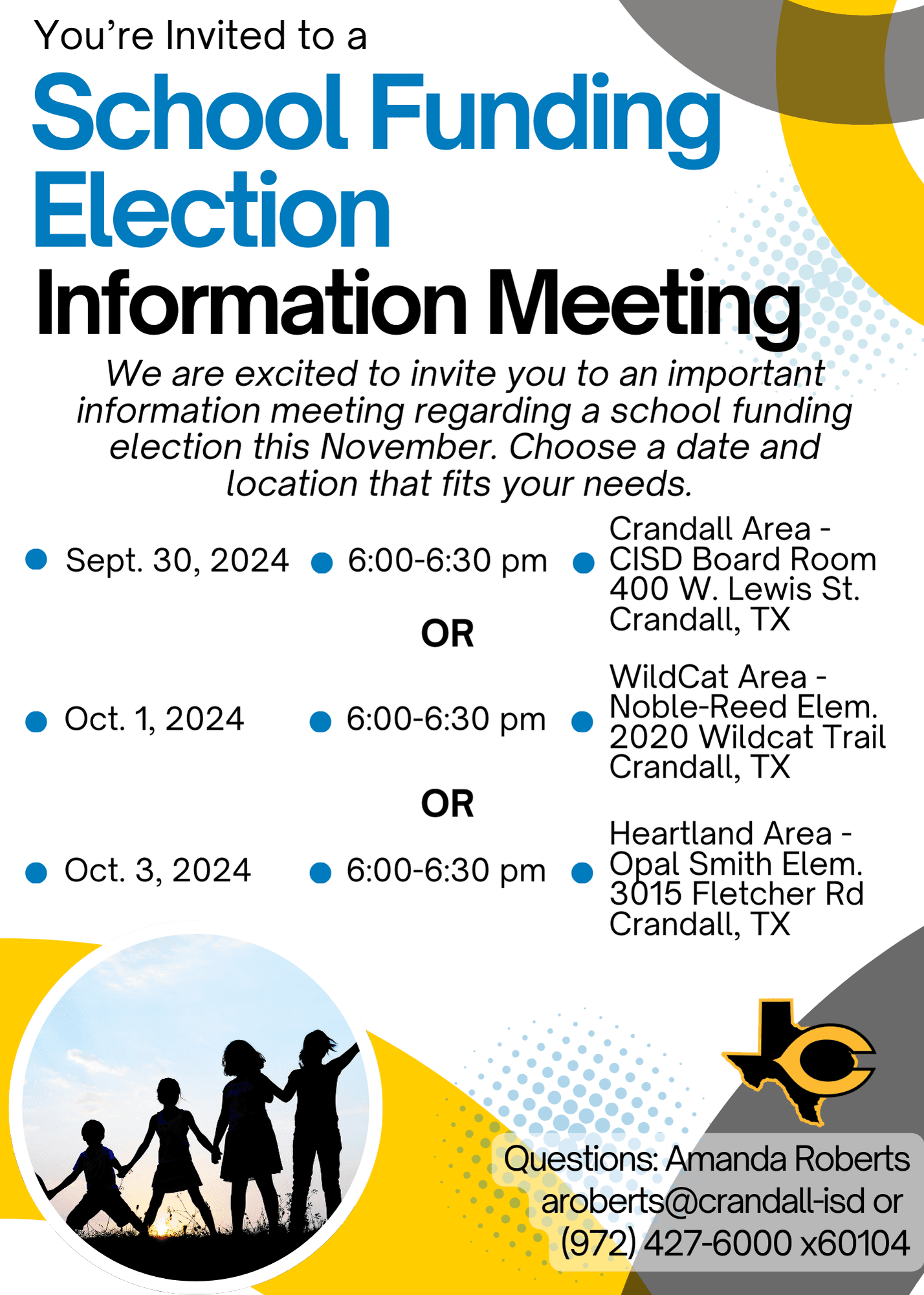 Invitation for Crandall ISD Prop A school funding informational meeting