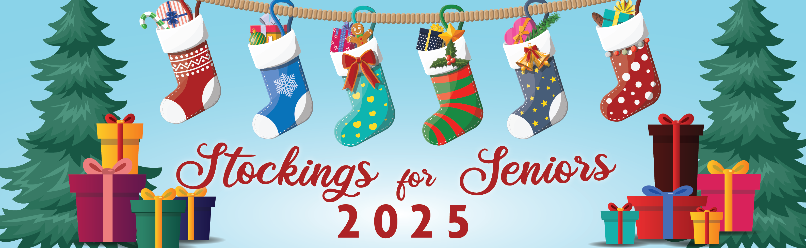 Stockings for Seniors 2025 Banner showing stockings hung up by piles of presents