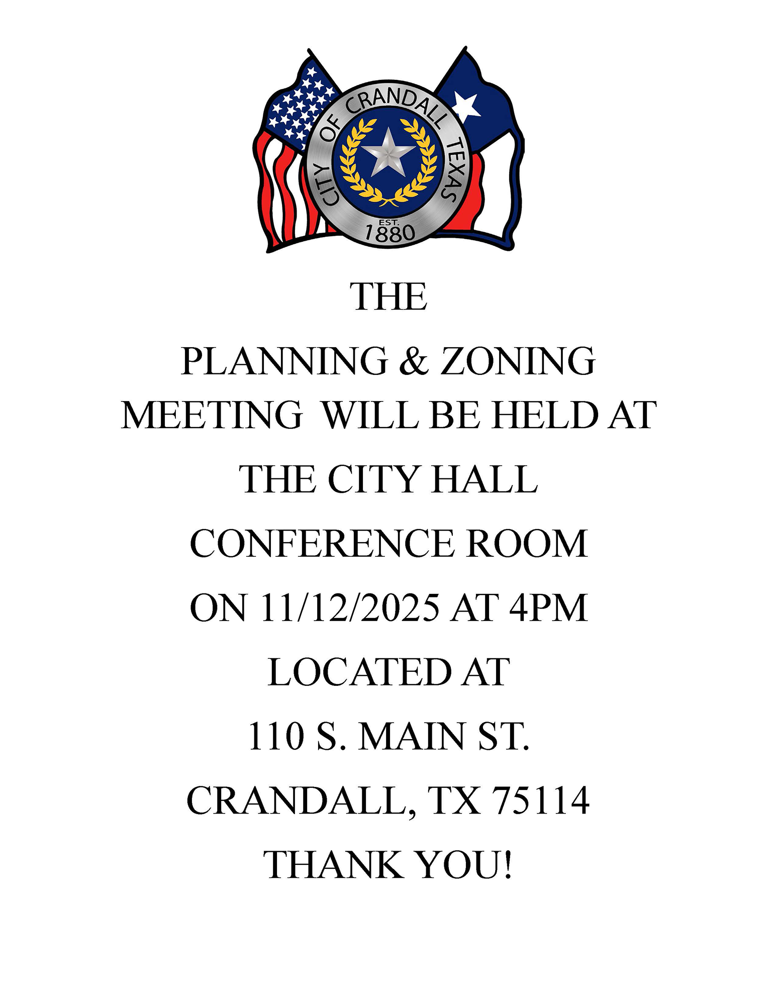 NOTICE OF PZ MEETING LOCATION 11.12.2025 AT 4PM