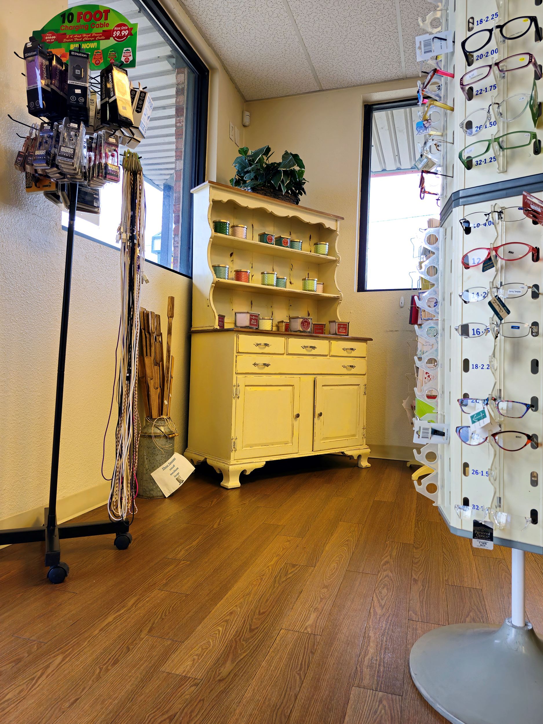 Variety of selection between medications, phone cords, and Circle E Candles