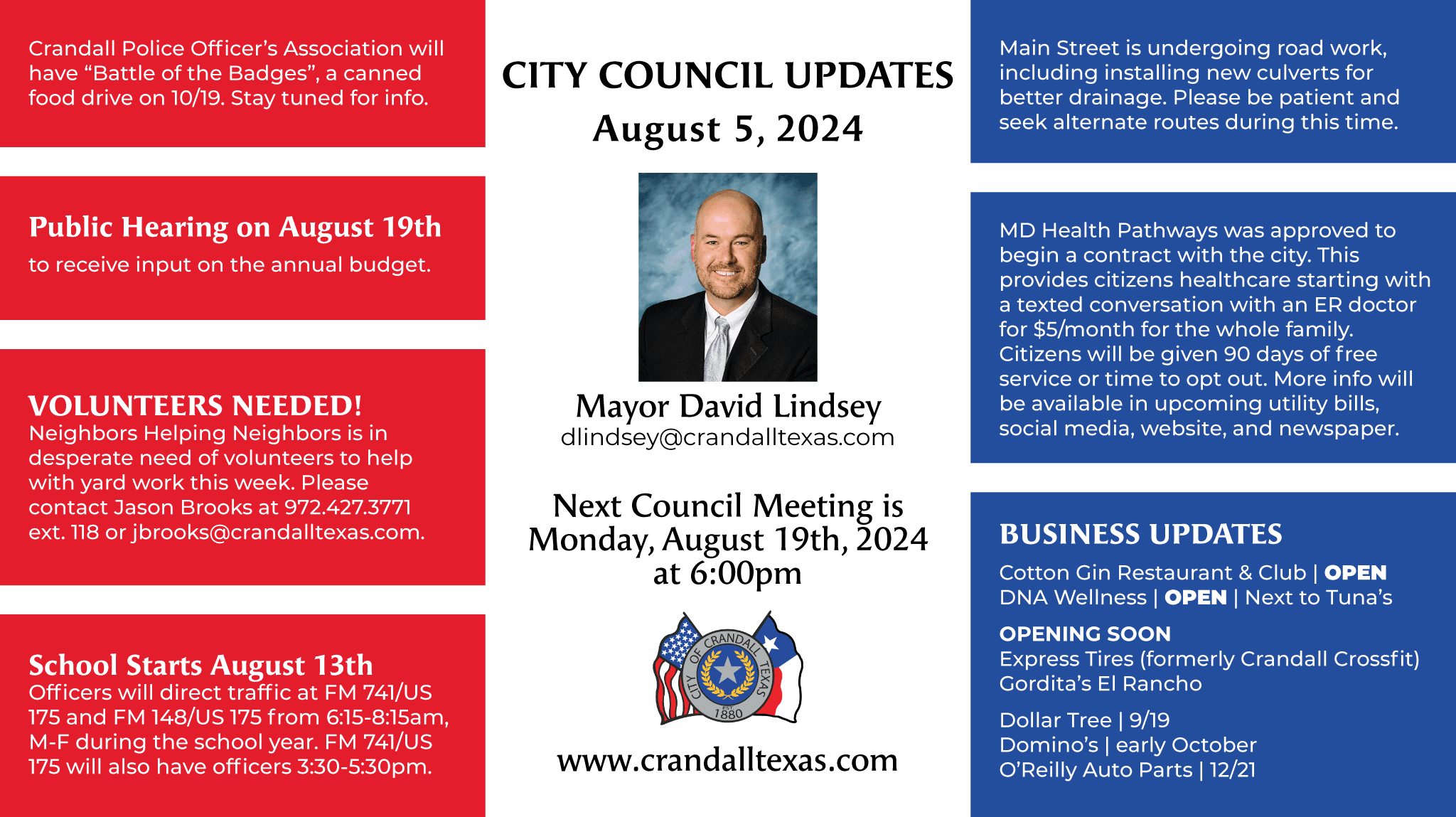 Information from the August 5th City Council Meeting