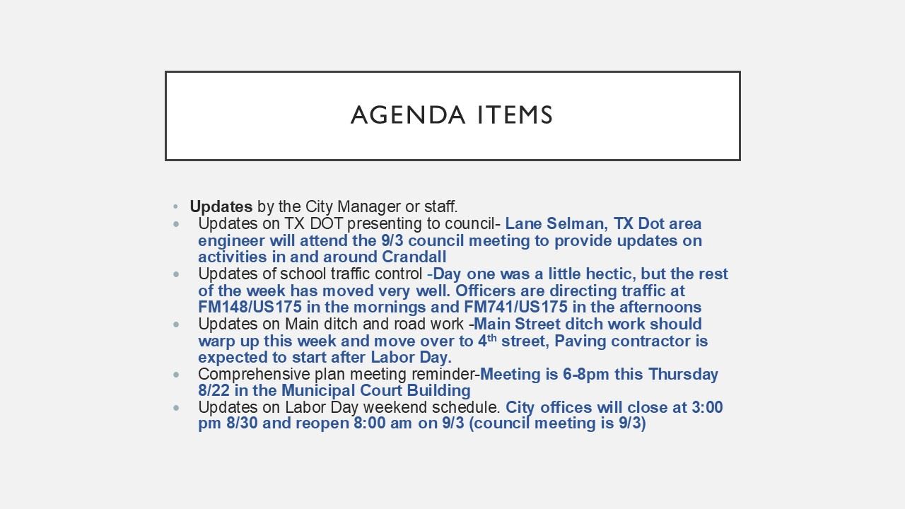 City Manager Notes from City Council Meeting 8-19-2024