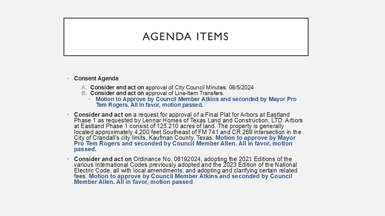 City Manager Notes from City Council Meeting 8-19-2024
