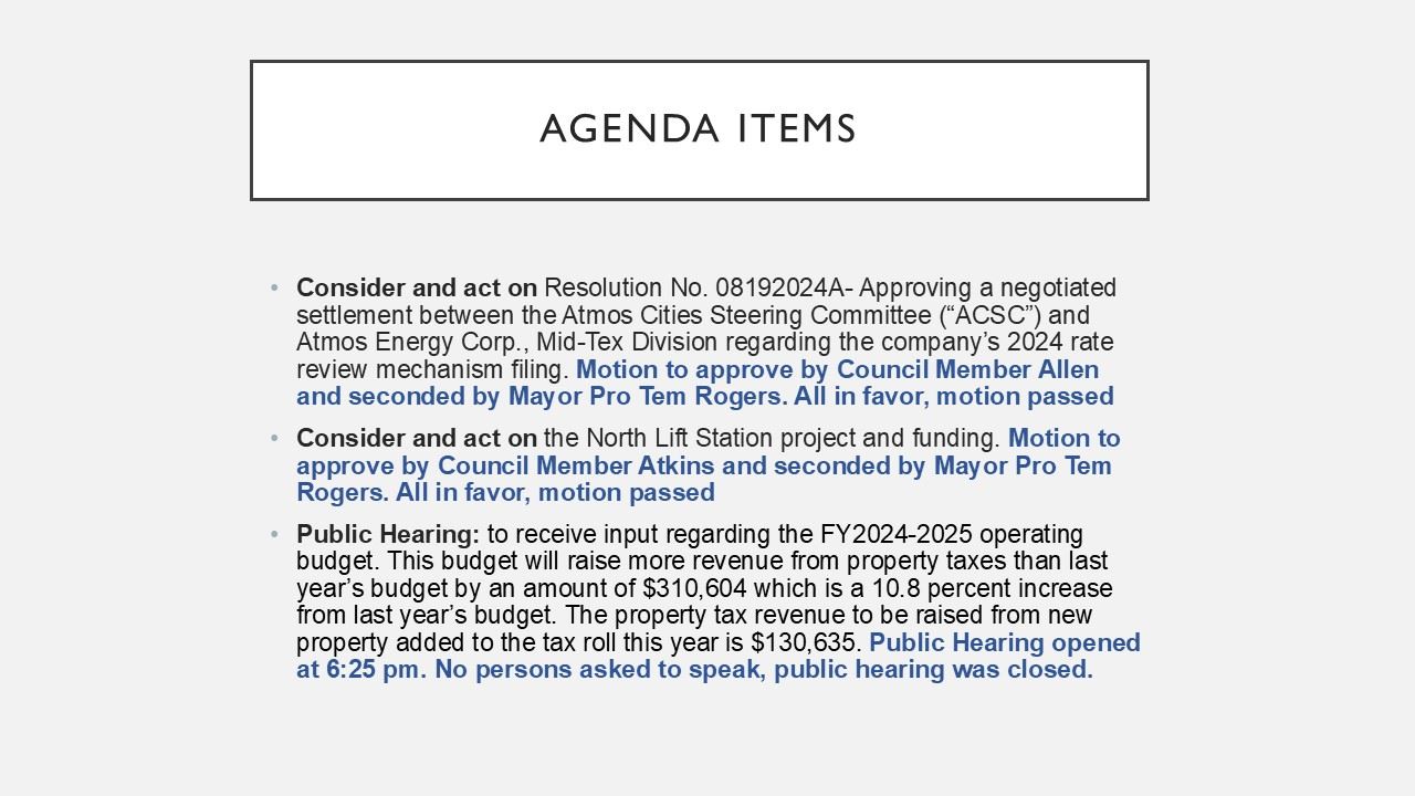 City Manager Notes from City Council Meeting 8-19-2024