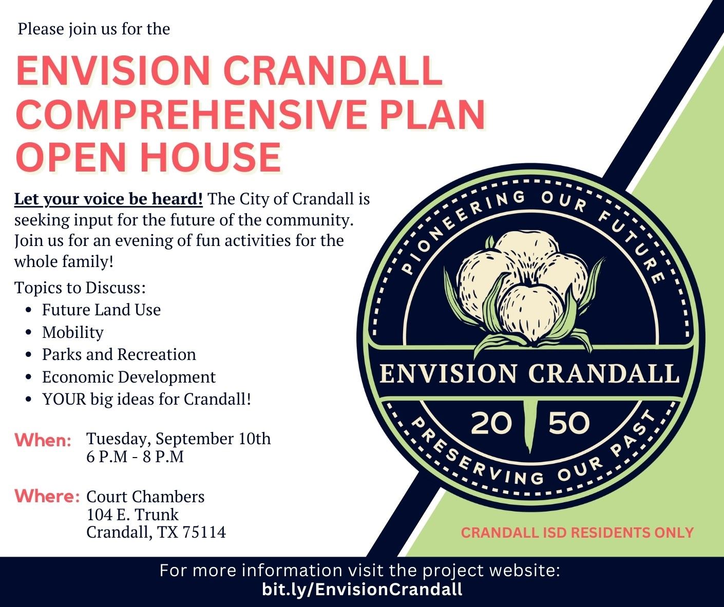 Comprehensive Plan Open House open for all CISD residents at 6pm on 9/10 at Police Station