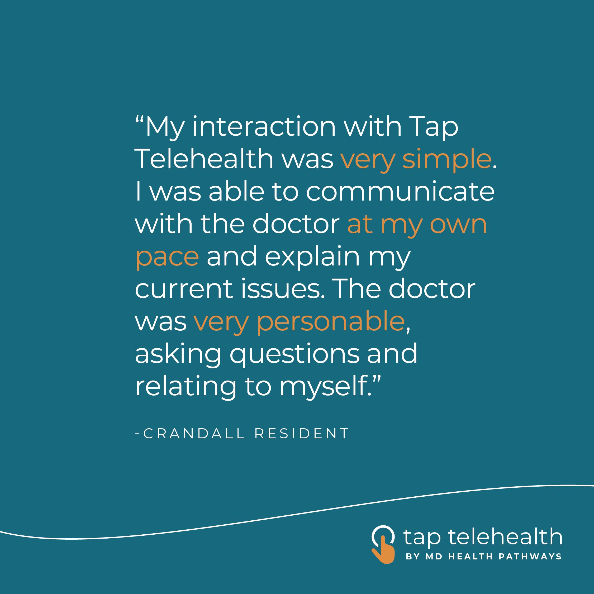 Testimonial for Tap Telehealth by MD Health Pathways